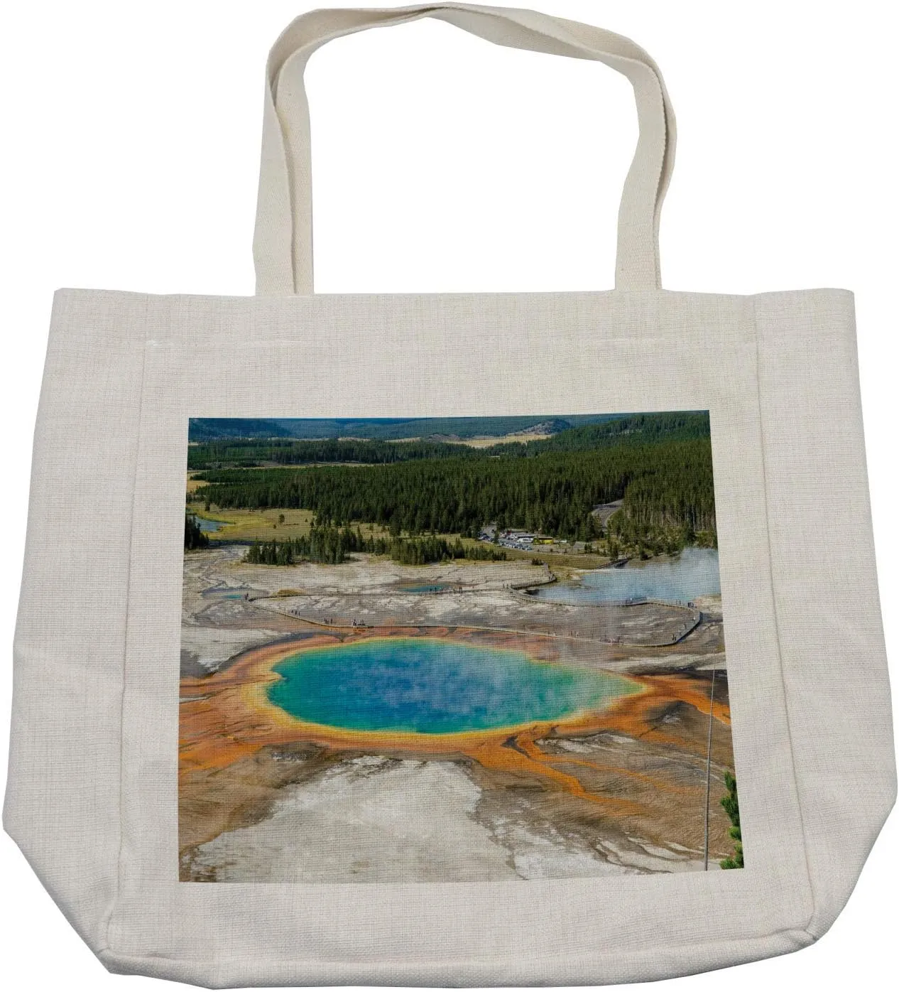 Lunarable Yellowstone Shopping Bag, Grand Prismatic Spring in Wyoming USA Geology Thermal Steam Geyser Photo, Eco-Friendly Reusable Bag for Groceries Beach and More, 15.5" X 14.5", Cream