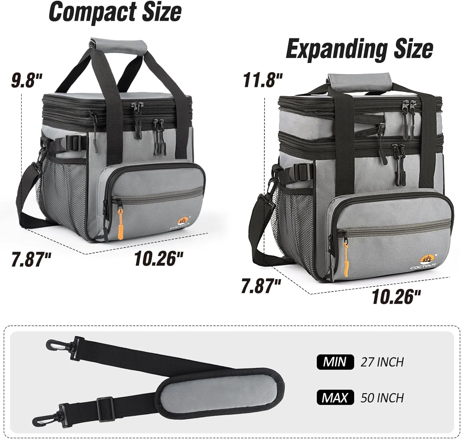 Lunch Bag For Women Men, Double Deck Insulated Lunch Box - Expandable Leakproof Reusable Lunch Cooler Bag for Work Shift Outdoor Picnic Daytrip (Grey,18L)