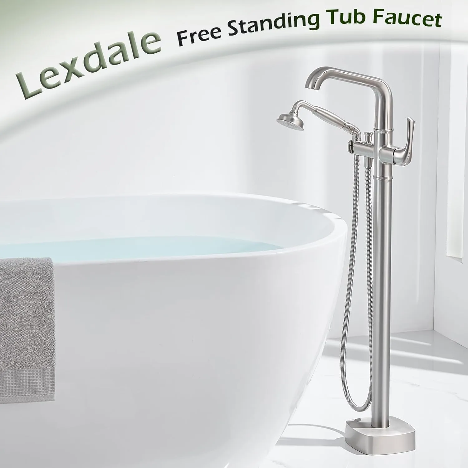 Luxury Free Standing Tub Faucet, Classic Brass Freestanding Bathtub Faucet, Lexdale Bathroom Floor Mount Tub Filler with handheld Sprayer Supply Lines Included Brushed Nickel (LD8911-BN)