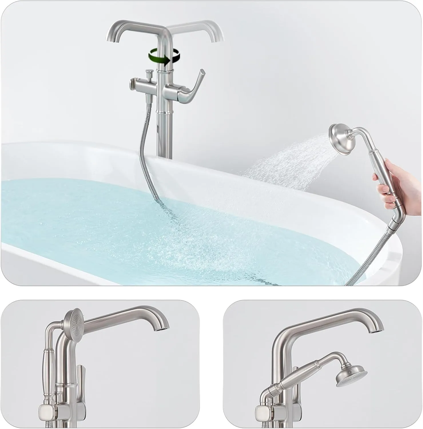 Luxury Free Standing Tub Faucet, Classic Brass Freestanding Bathtub Faucet, Lexdale Bathroom Floor Mount Tub Filler with handheld Sprayer Supply Lines Included Brushed Nickel (LD8911-BN)
