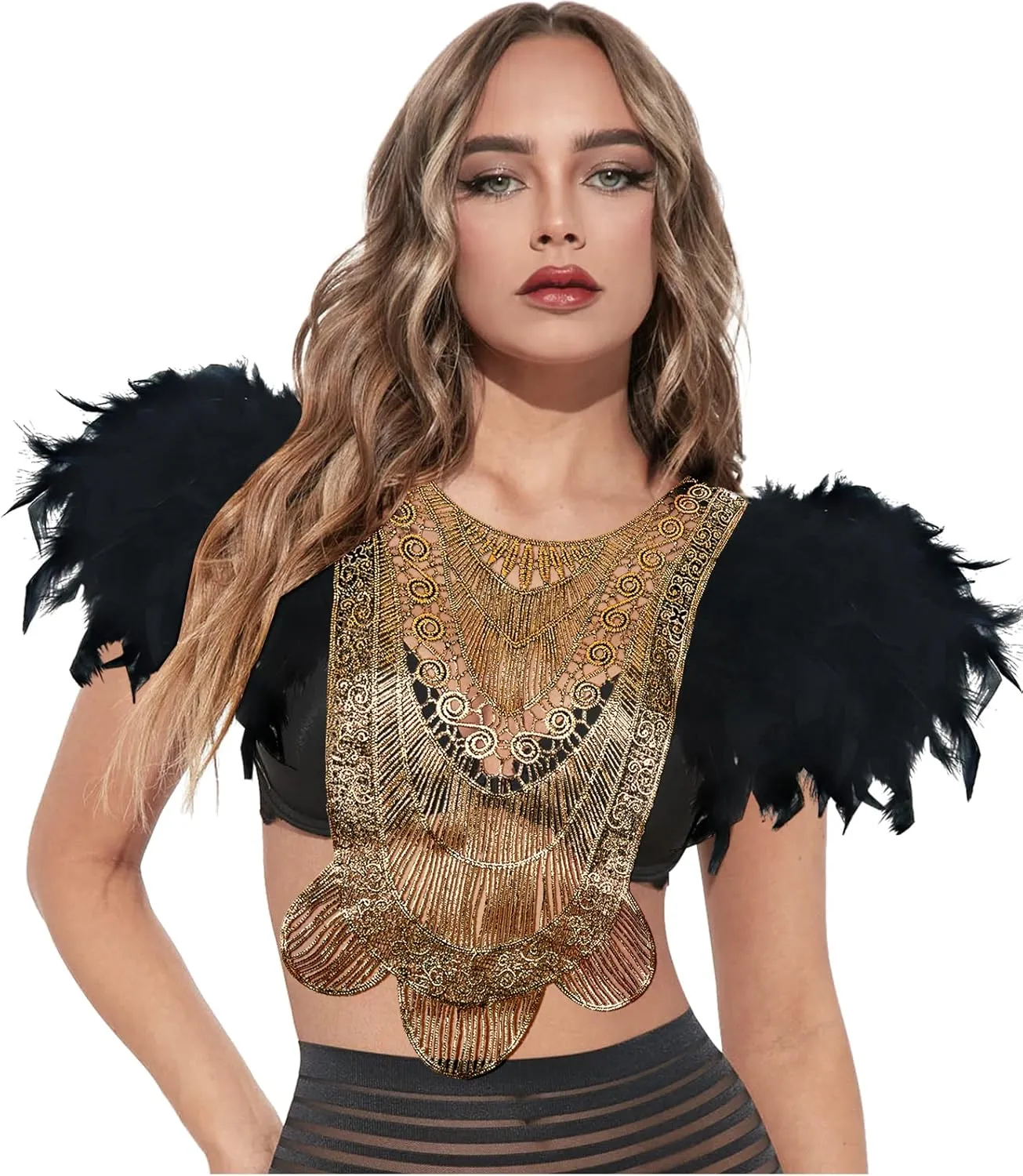 L'VOW Gothic Women Poncho Collar Natural Feather Short Cape Lace Epaulet Shoulder Shrug Wings Halloween Costume