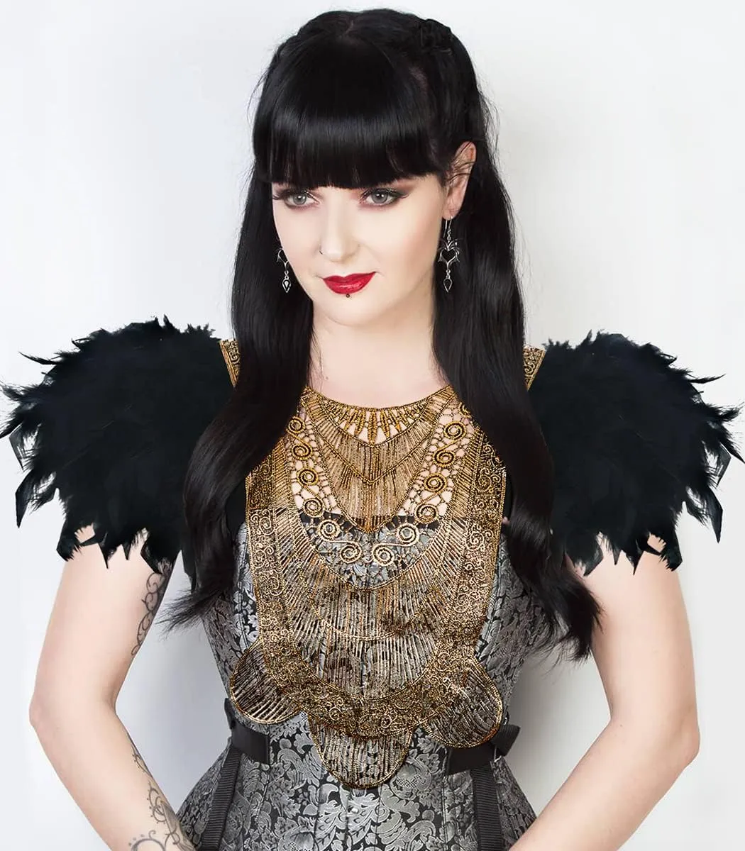 L'VOW Gothic Women Poncho Collar Natural Feather Short Cape Lace Epaulet Shoulder Shrug Wings Halloween Costume