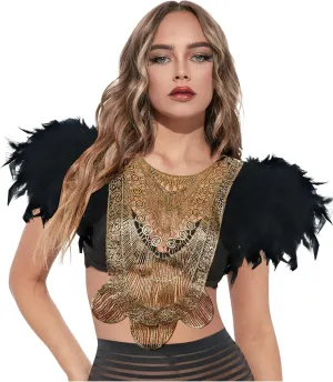 L'VOW Gothic Women Poncho Collar Natural Feather Short Cape Lace Epaulet Shoulder Shrug Wings Halloween Costume