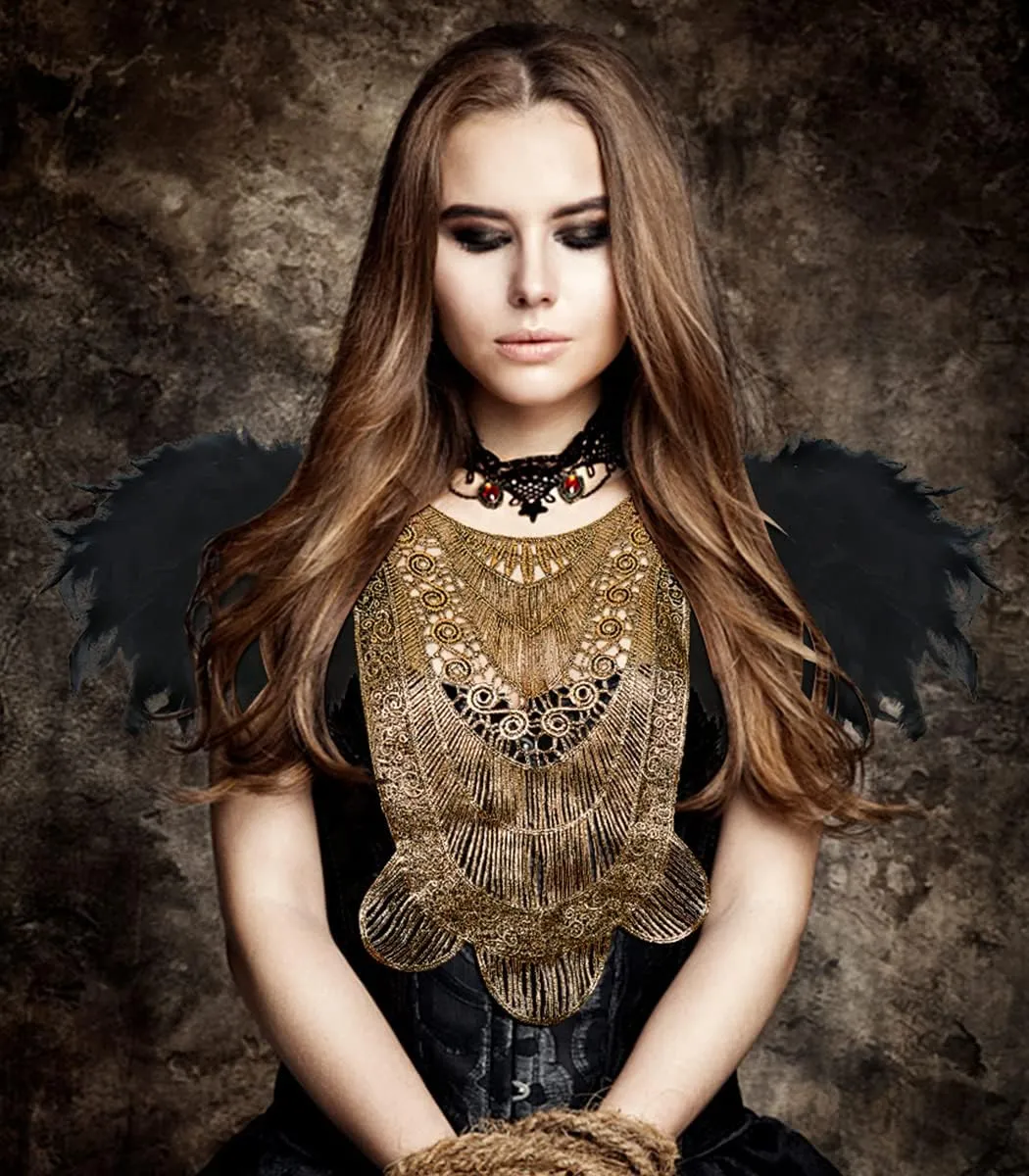 L'VOW Gothic Women Poncho Collar Natural Feather Short Cape Lace Epaulet Shoulder Shrug Wings Halloween Costume