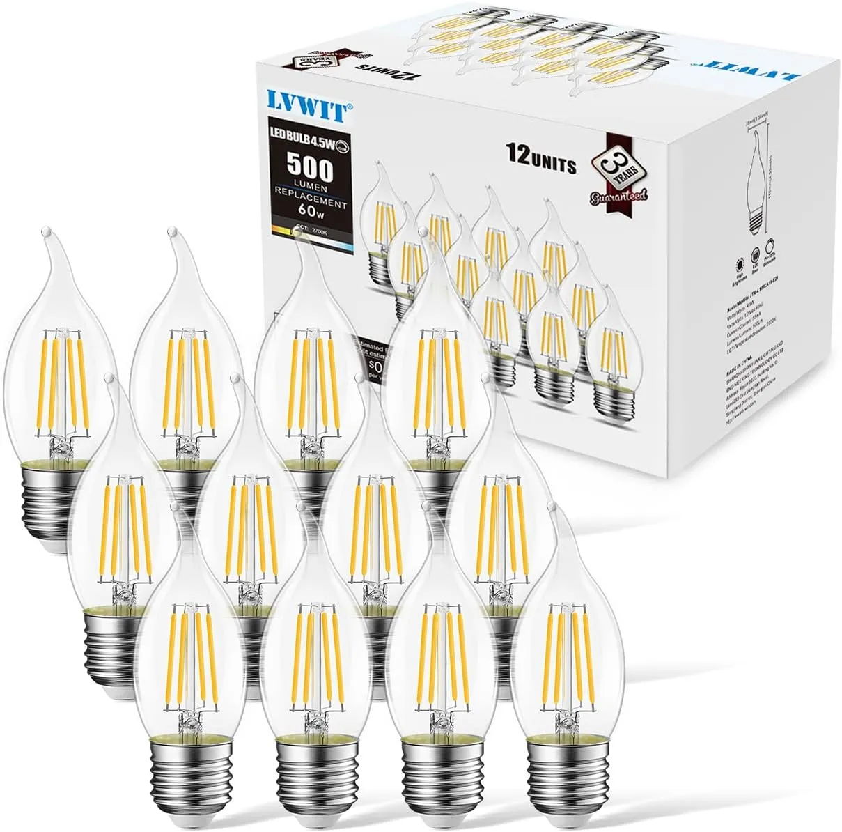 LVWIT Flame Tip LED Filament Bulb Candelabra E26 Base Dimmable 4.5W (60W Equivalent) B11 Chandelier Candle Light Bulb，2700K Warm White 12-Pack