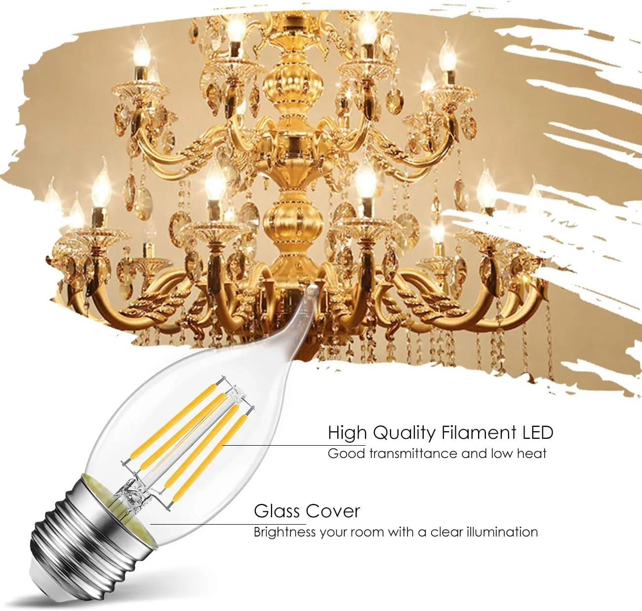 LVWIT Flame Tip LED Filament Bulb Candelabra E26 Base Dimmable 4.5W (60W Equivalent) B11 Chandelier Candle Light Bulb，2700K Warm White 12-Pack