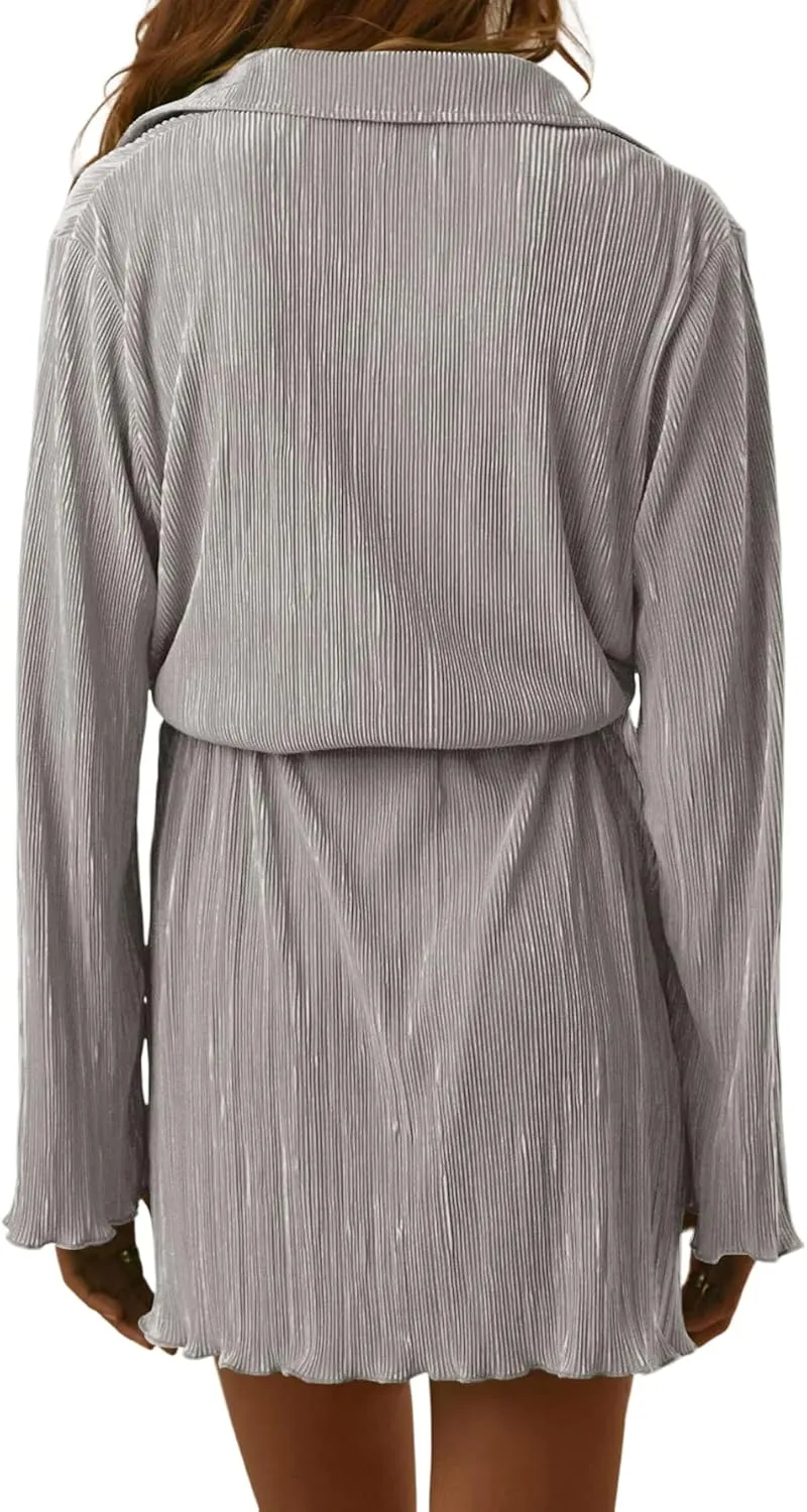 LYANER Women's Collar V Neck Button Down Pleated Long Sleeve Mini Shirt Dress with Belt
