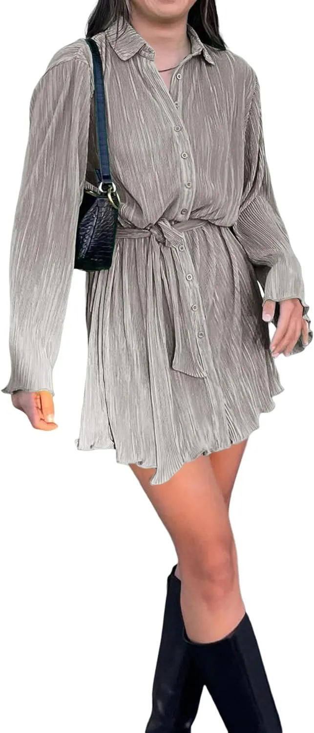 LYANER Women's Collar V Neck Button Down Pleated Long Sleeve Mini Shirt Dress with Belt