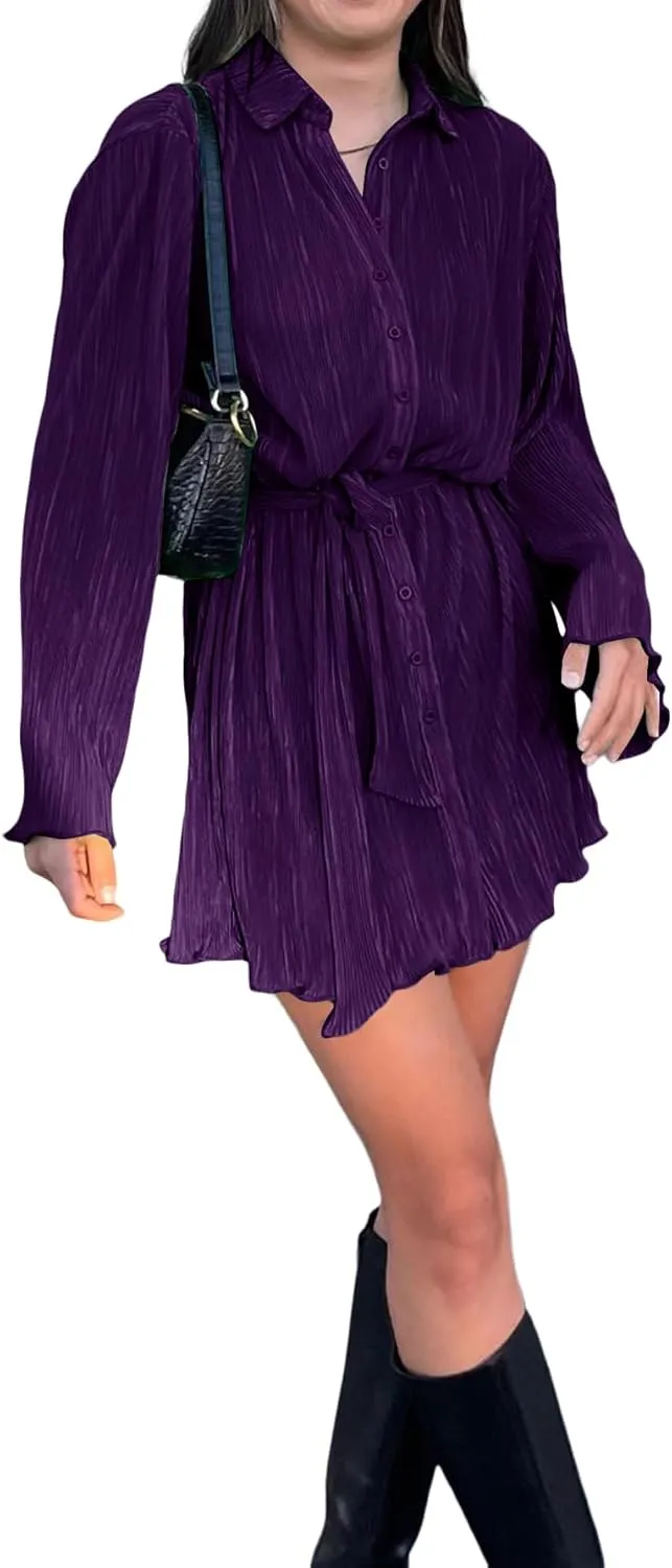 LYANER Women's Collar V Neck Button Down Pleated Long Sleeve Mini Shirt Dress with Belt