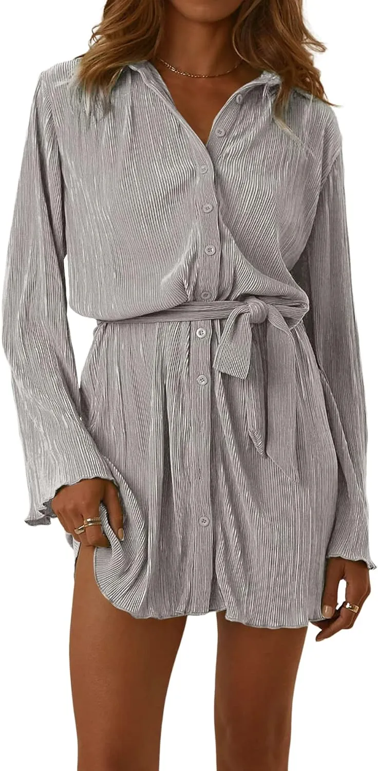 LYANER Women's Collar V Neck Button Down Pleated Long Sleeve Mini Shirt Dress with Belt