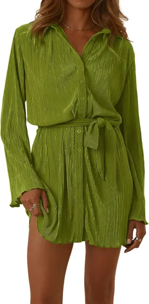 LYANER Women's Collar V Neck Button Down Pleated Long Sleeve Mini Shirt Dress with Belt