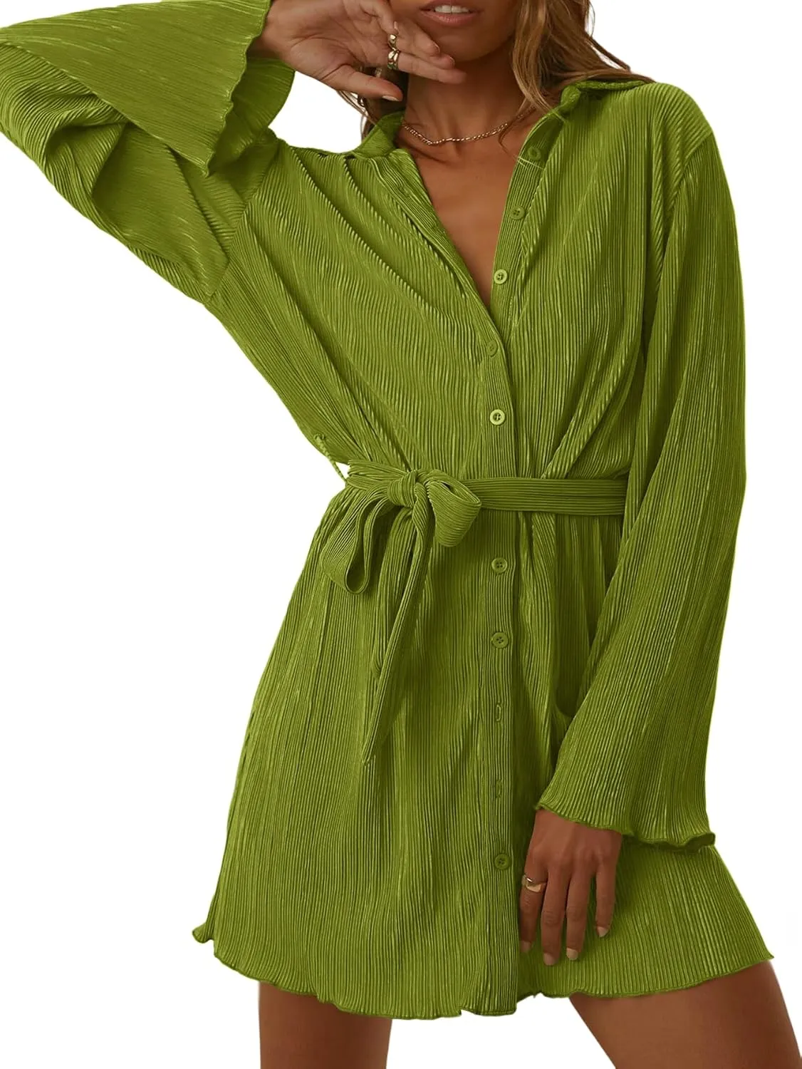 LYANER Women's Collar V Neck Button Down Pleated Long Sleeve Mini Shirt Dress with Belt