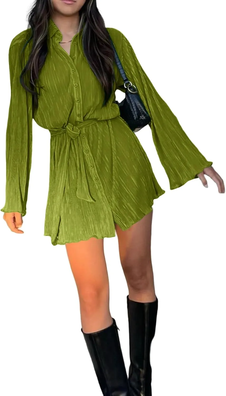 LYANER Women's Collar V Neck Button Down Pleated Long Sleeve Mini Shirt Dress with Belt