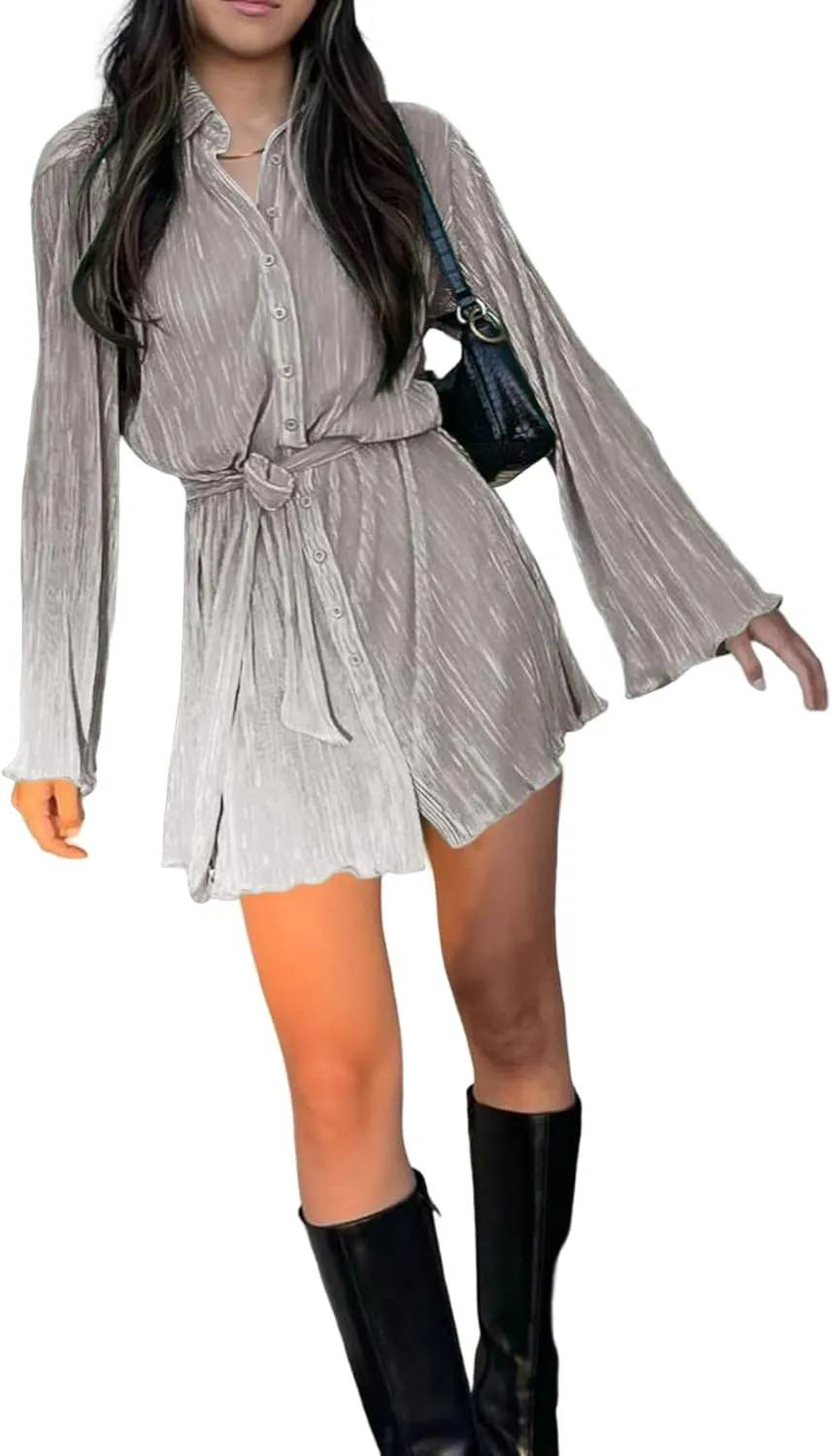 LYANER Women's Collar V Neck Button Down Pleated Long Sleeve Mini Shirt Dress with Belt