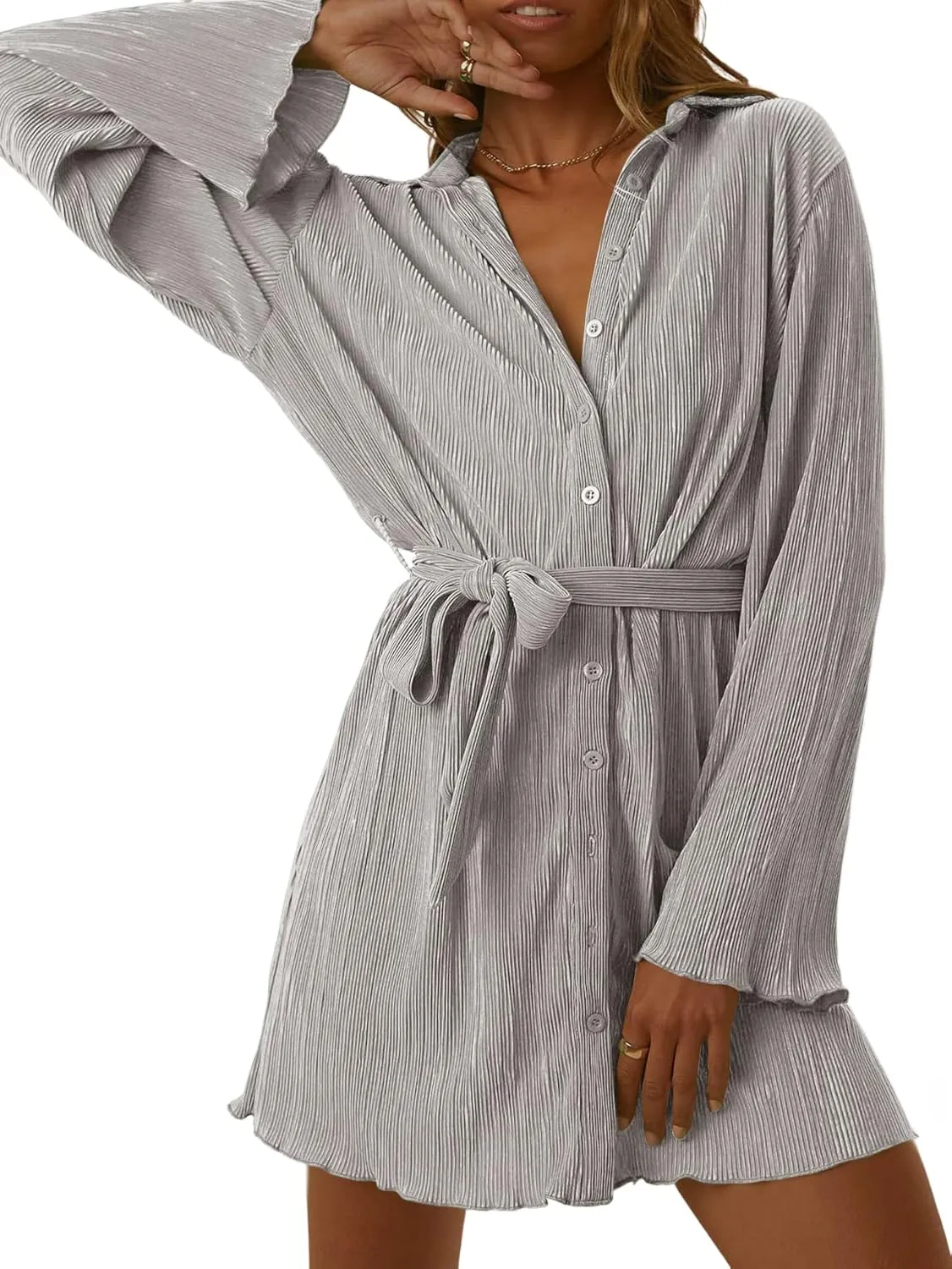 LYANER Women's Collar V Neck Button Down Pleated Long Sleeve Mini Shirt Dress with Belt
