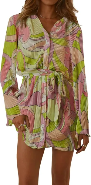 LYANER Women's Collar V Neck Button Down Pleated Long Sleeve Mini Shirt Dress with Belt