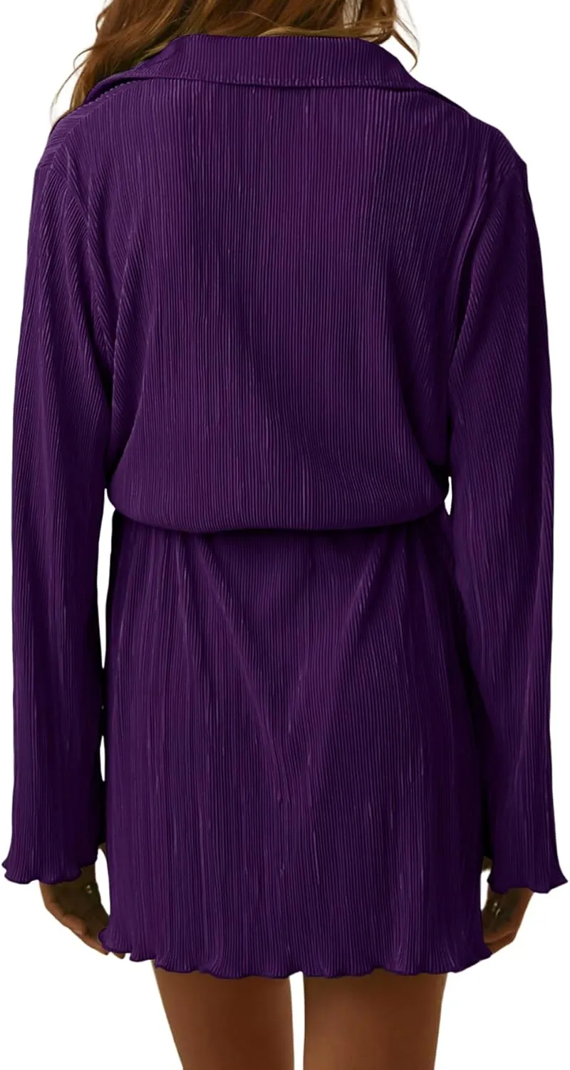 LYANER Women's Collar V Neck Button Down Pleated Long Sleeve Mini Shirt Dress with Belt