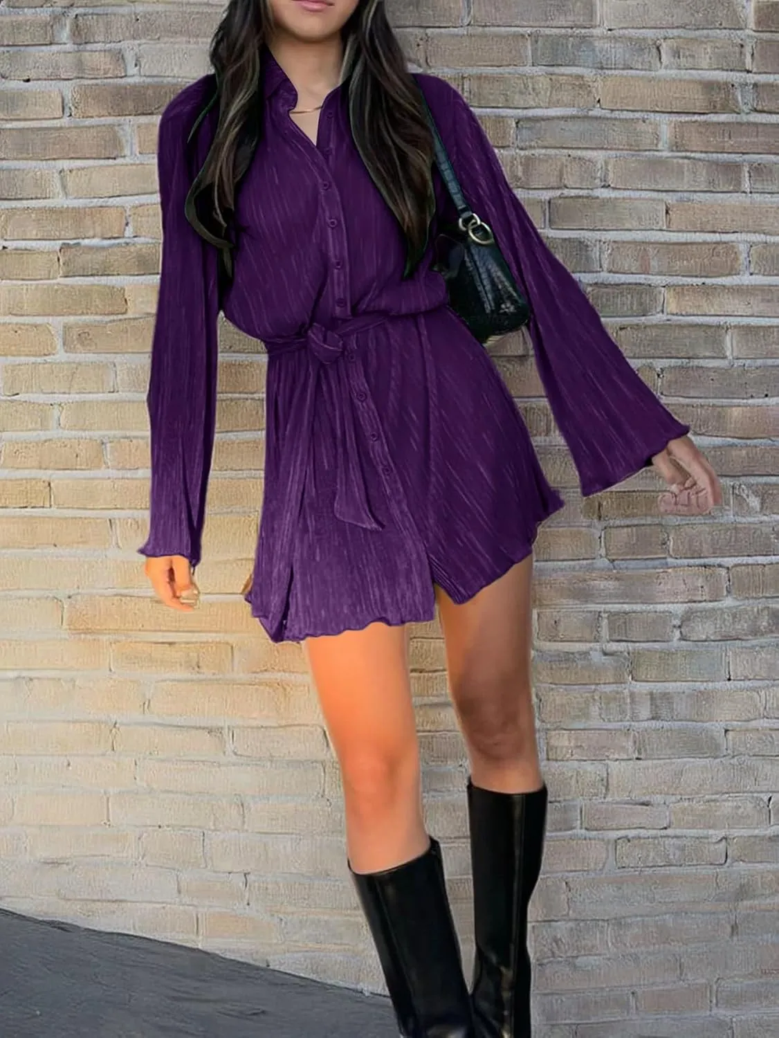 LYANER Women's Collar V Neck Button Down Pleated Long Sleeve Mini Shirt Dress with Belt