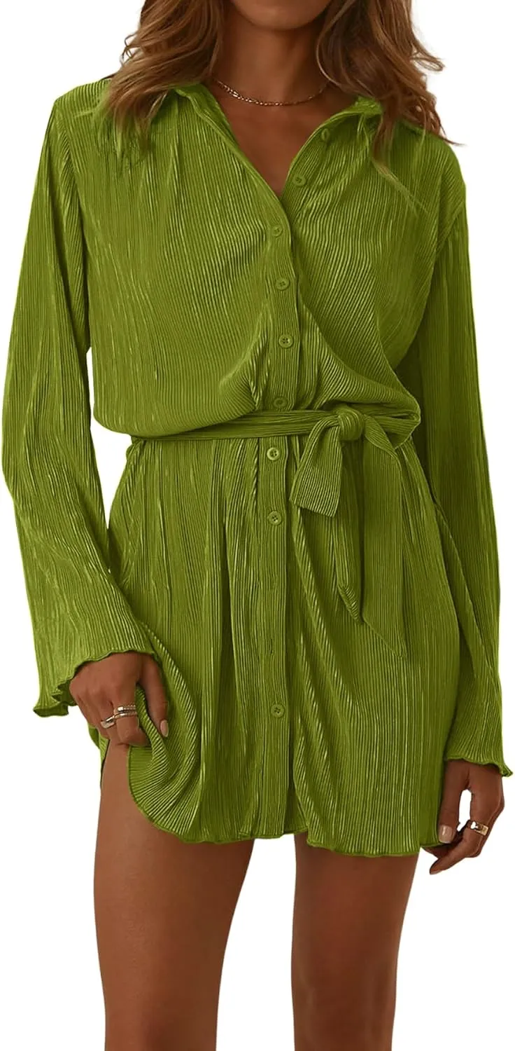 LYANER Women's Collar V Neck Button Down Pleated Long Sleeve Mini Shirt Dress with Belt