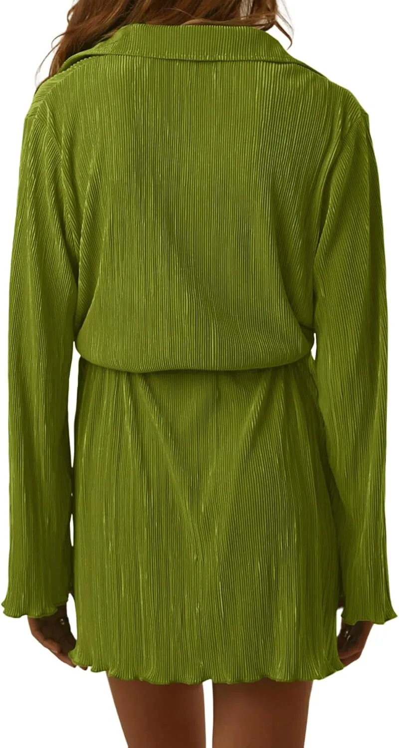LYANER Women's Collar V Neck Button Down Pleated Long Sleeve Mini Shirt Dress with Belt