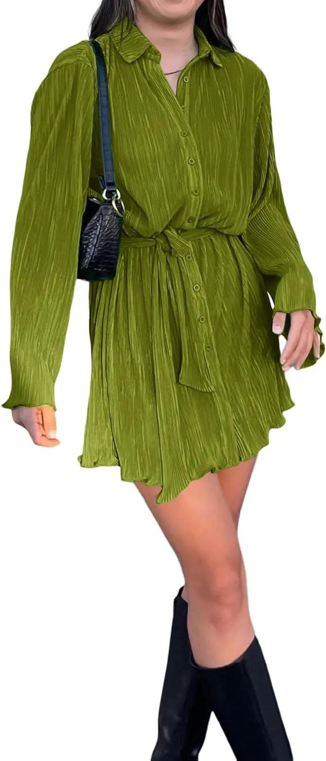 LYANER Women's Collar V Neck Button Down Pleated Long Sleeve Mini Shirt Dress with Belt
