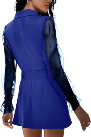 LYANER Women's Elegant Collar V Neck Lace Long Sleeve Blazer Mini Dress with Belt