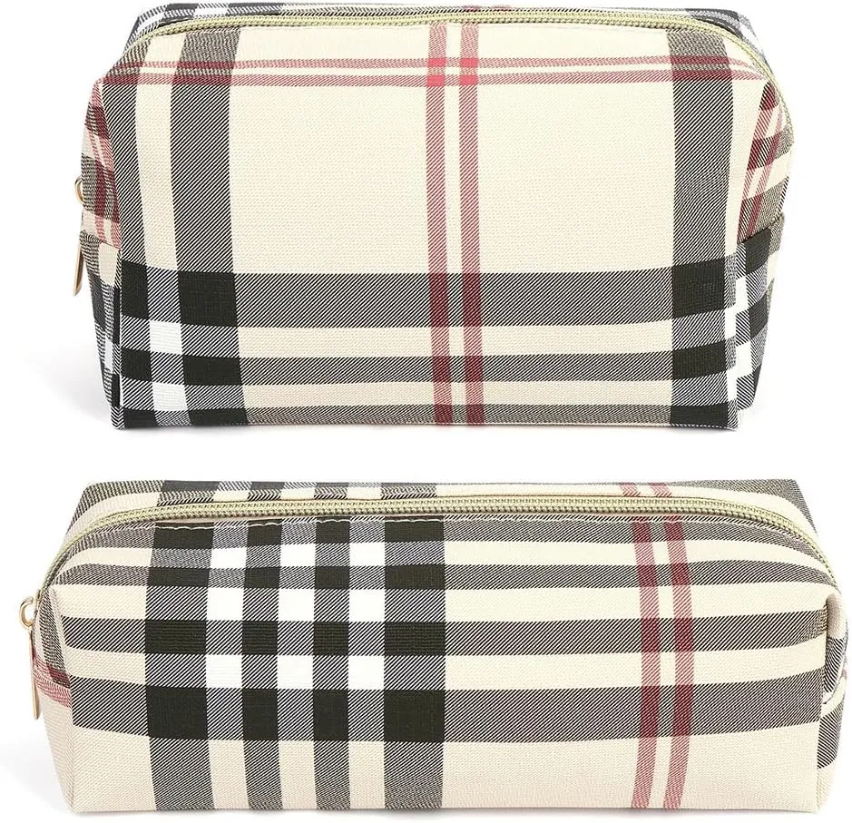 MAANGE Small Makeup Bag for Purse, 2 PCS Cosmetic Bag for Women Travel Makeup Pouch Leather Make up Bag Portable Zipper Pouch Makeup Brushes Bag - khaki plaid