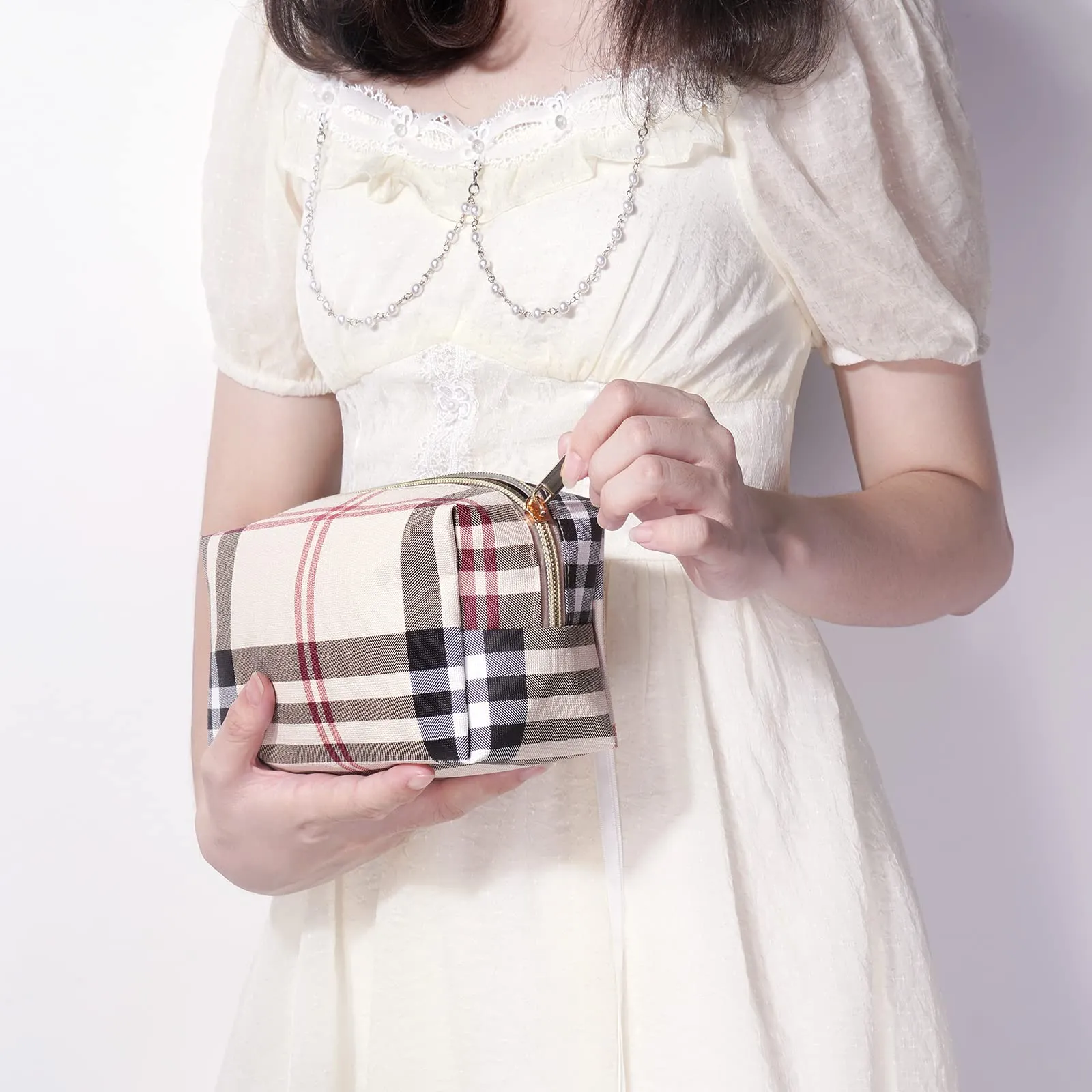 MAANGE Small Makeup Bag for Purse, 2 PCS Cosmetic Bag for Women Travel Makeup Pouch Leather Make up Bag Portable Zipper Pouch Makeup Brushes Bag - khaki plaid