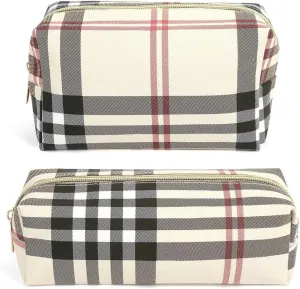MAANGE Small Makeup Bag for Purse, 2 PCS Cosmetic Bag for Women Travel Makeup Pouch Leather Make up Bag Portable Zipper Pouch Makeup Brushes Bag - khaki plaid