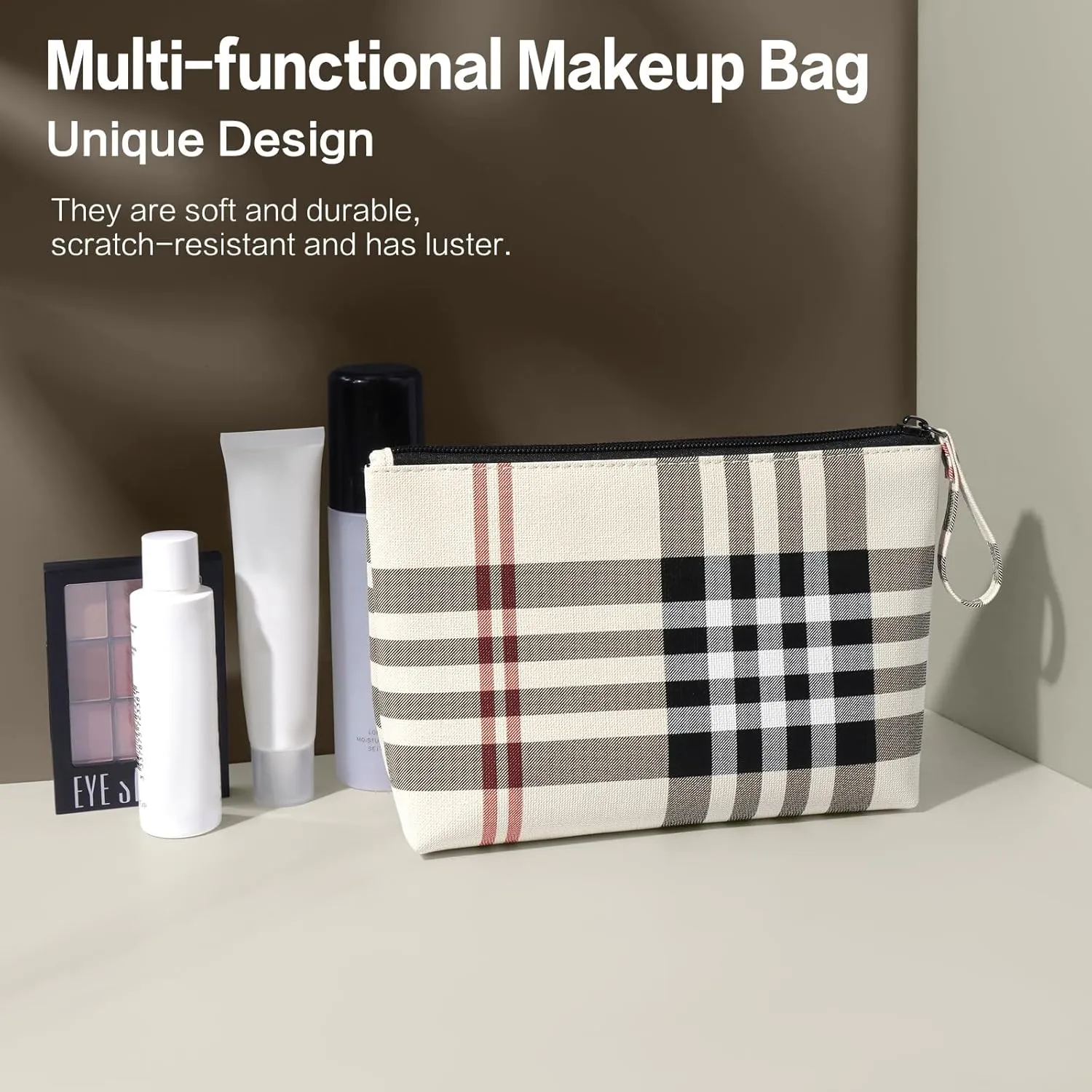 MAANGE Small Makeup Bag for Purse Cosmetic Bags for Women Pu Leather Makeup Pouch Travel Makeup Bag with Handle Make Up Bag for Travelling(Khaki)