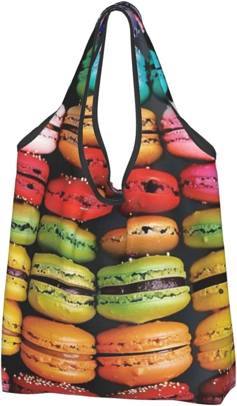 Macaron Biscuit Flavour Printed Portable Shopping Bag, 2 Pack Reusable Shopping Bag, Casual Shoulder Bag for Daily Use, Black, One Size, black, Einheitsgröße