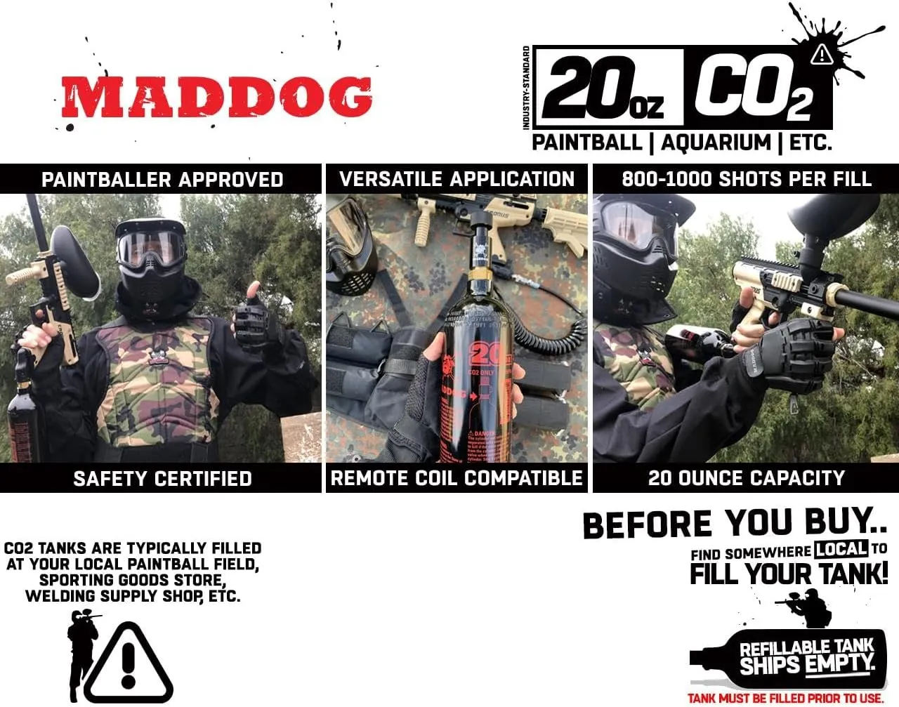 Maddog 20 Oz Refillable Aluminum CO2 Paintball Tank - Ships Empty