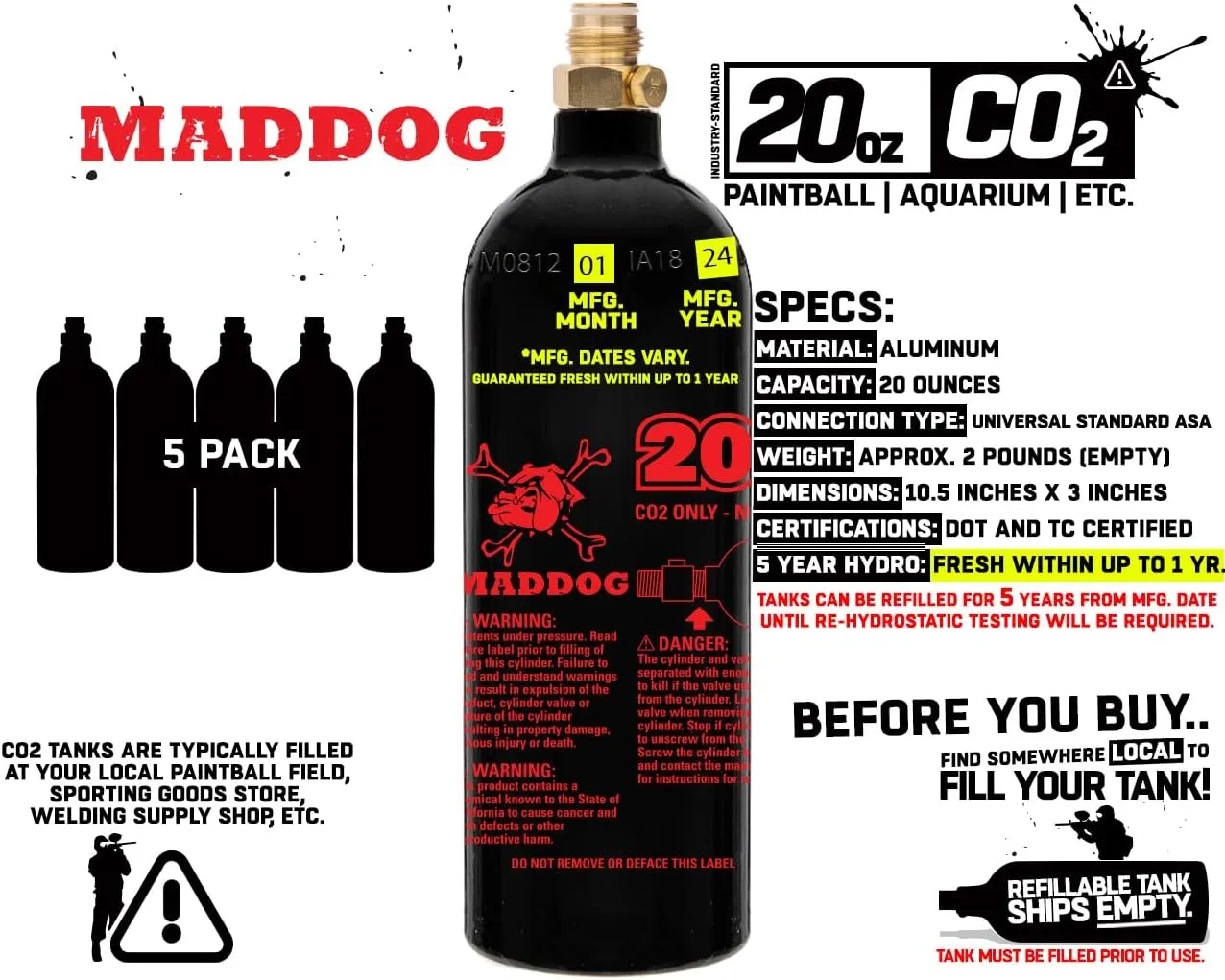 Maddog 20 Oz Refillable Aluminum CO2 Paintball Tank - Ships Empty