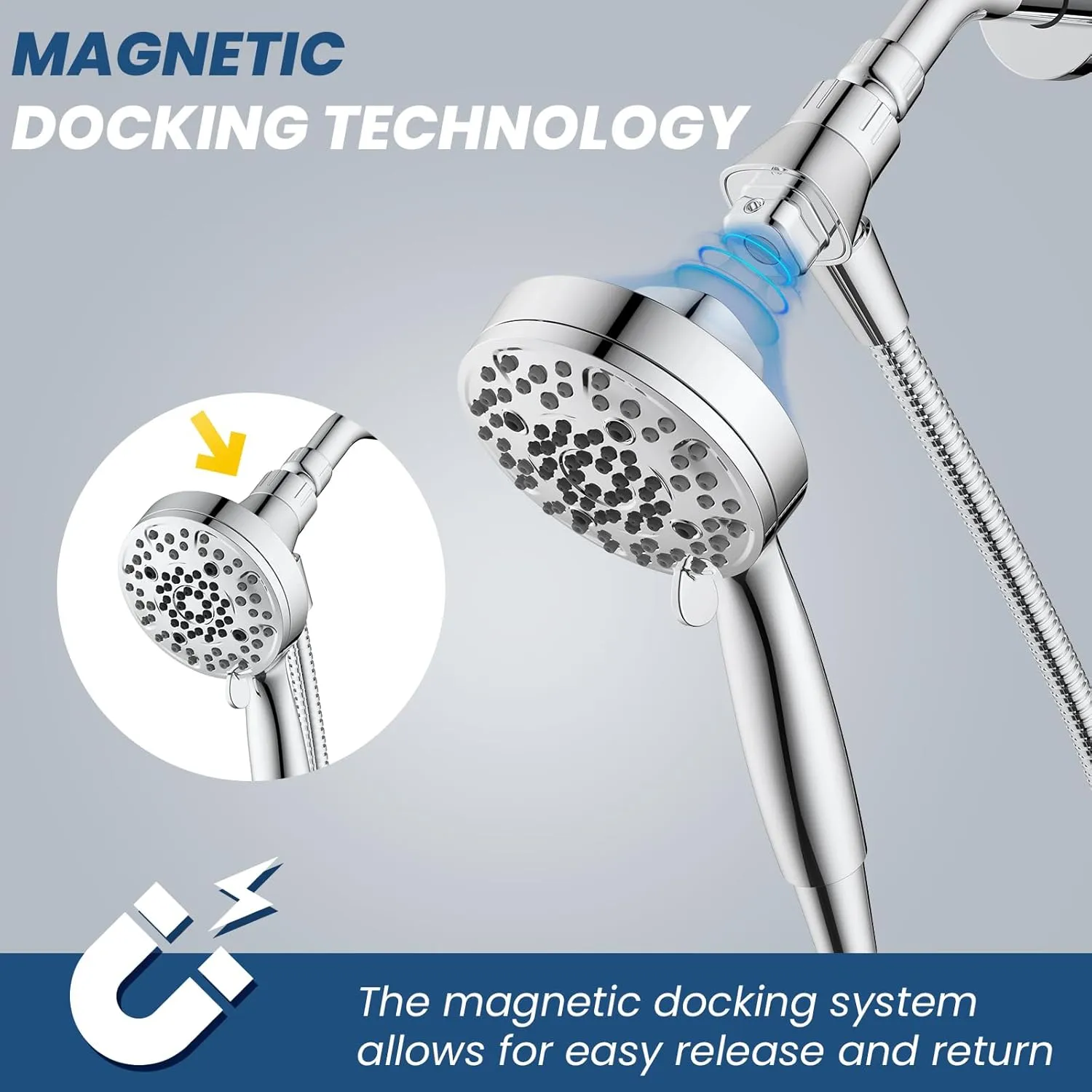 Magnetic Shower Head with Handheld, High Pressure - 6 Spray Modes Handheld Shower Head, Eco-Friendly Magnetic Docking System, 70" Stainless Steel Hose, Tool Free Installation, Chrome