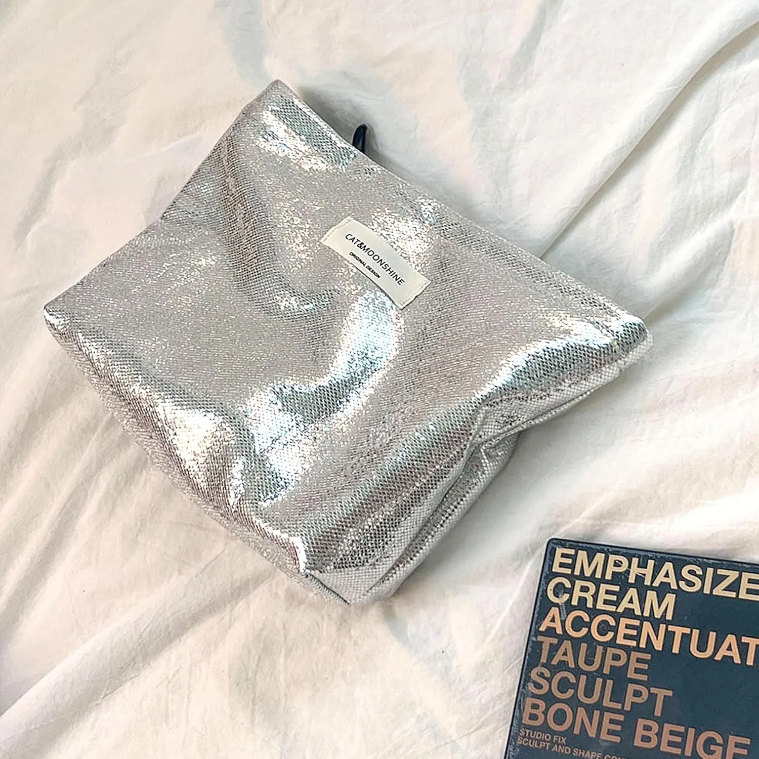 Makeup Bag Cosmetic bag Silver Preppy Canvas Toiletry Bag for women Cute zipper pouch Organizer Travel accessories (Shiny Silver, Large)