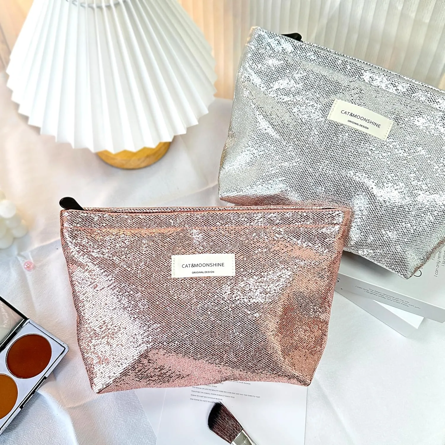 Makeup Bag Cosmetic bag Silver Preppy Canvas Toiletry Bag for women Cute zipper pouch Organizer Travel accessories (Shiny Silver, Large)