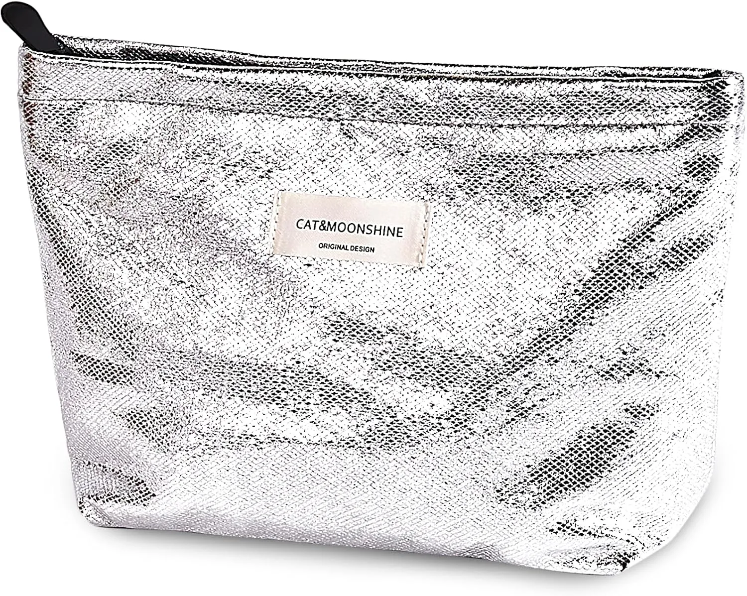 Makeup Bag Cosmetic bag Silver Preppy Canvas Toiletry Bag for women Cute zipper pouch Organizer Travel accessories (Shiny Silver, Large)