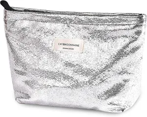 Makeup Bag Cosmetic bag Silver Preppy Canvas Toiletry Bag for women Cute zipper pouch Organizer Travel accessories (Shiny Silver, Large)