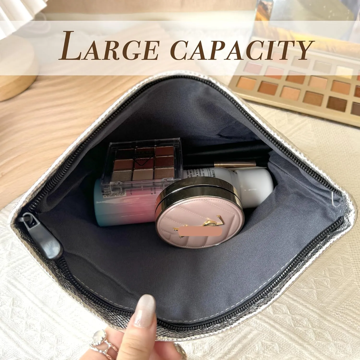 Makeup Bag Cosmetic bag Silver Preppy Canvas Toiletry Bag for women Cute zipper pouch Organizer Travel accessories (Shiny Silver, Large)