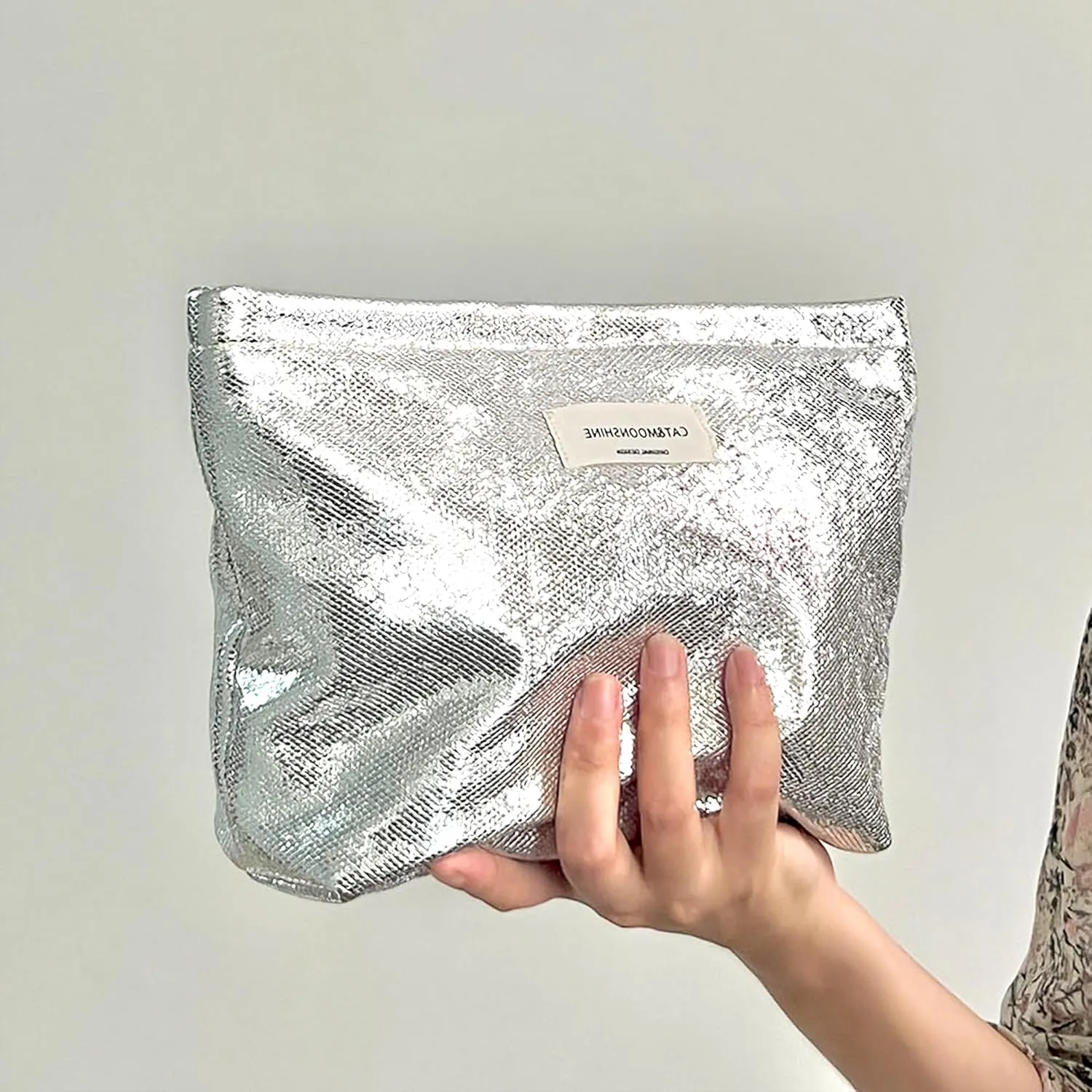 Makeup Bag Cosmetic bag Silver Preppy Canvas Toiletry Bag for women Cute zipper pouch Organizer Travel accessories (Shiny Silver, Large)