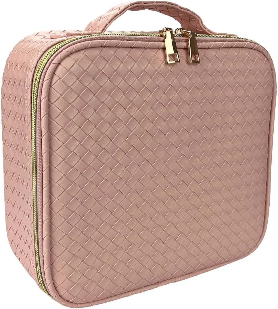 Makeup Bag Cosmetic Bag Travel Makeup Bag with Adjustable Dividers Soft Handle, Delicate Woven Bag, Portable PU Leather Waterproof Basketweave Toiletry Bag Artist Storage Bag, Pink