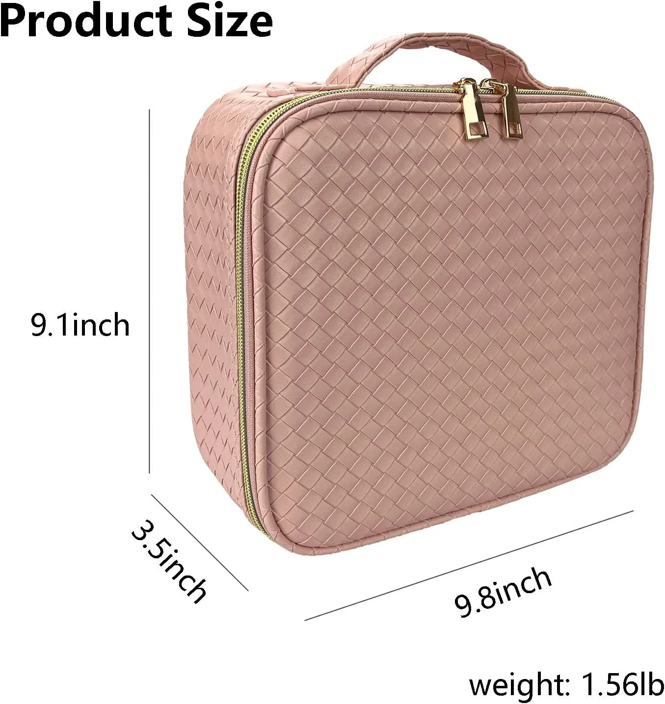 Makeup Bag Cosmetic Bag Travel Makeup Bag with Adjustable Dividers Soft Handle, Delicate Woven Bag, Portable PU Leather Waterproof Basketweave Toiletry Bag Artist Storage Bag, Pink