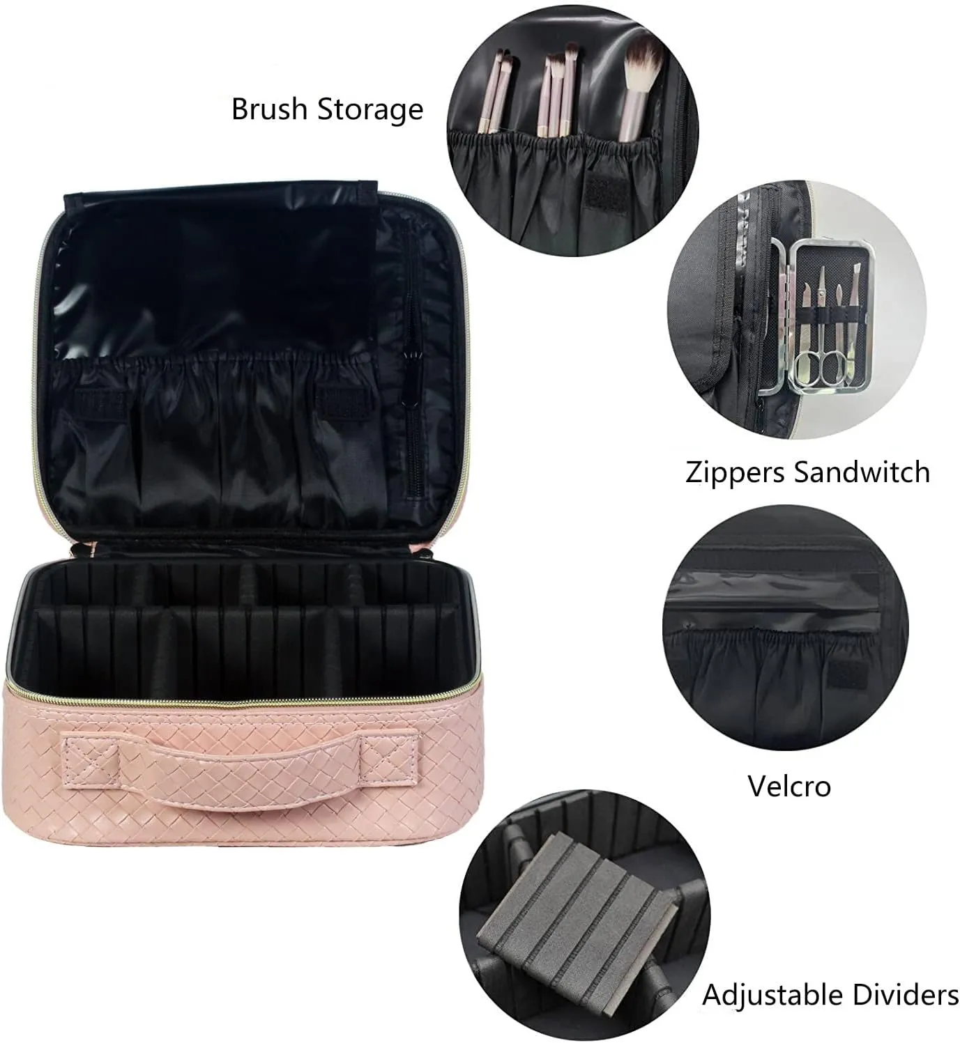 Makeup Bag Cosmetic Bag Travel Makeup Bag with Adjustable Dividers Soft Handle, Delicate Woven Bag, Portable PU Leather Waterproof Basketweave Toiletry Bag Artist Storage Bag, Pink