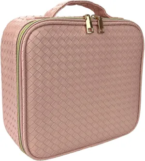 Makeup Bag Cosmetic Bag Travel Makeup Bag with Adjustable Dividers Soft Handle, Delicate Woven Bag, Portable PU Leather Waterproof Basketweave Toiletry Bag Artist Storage Bag, Pink