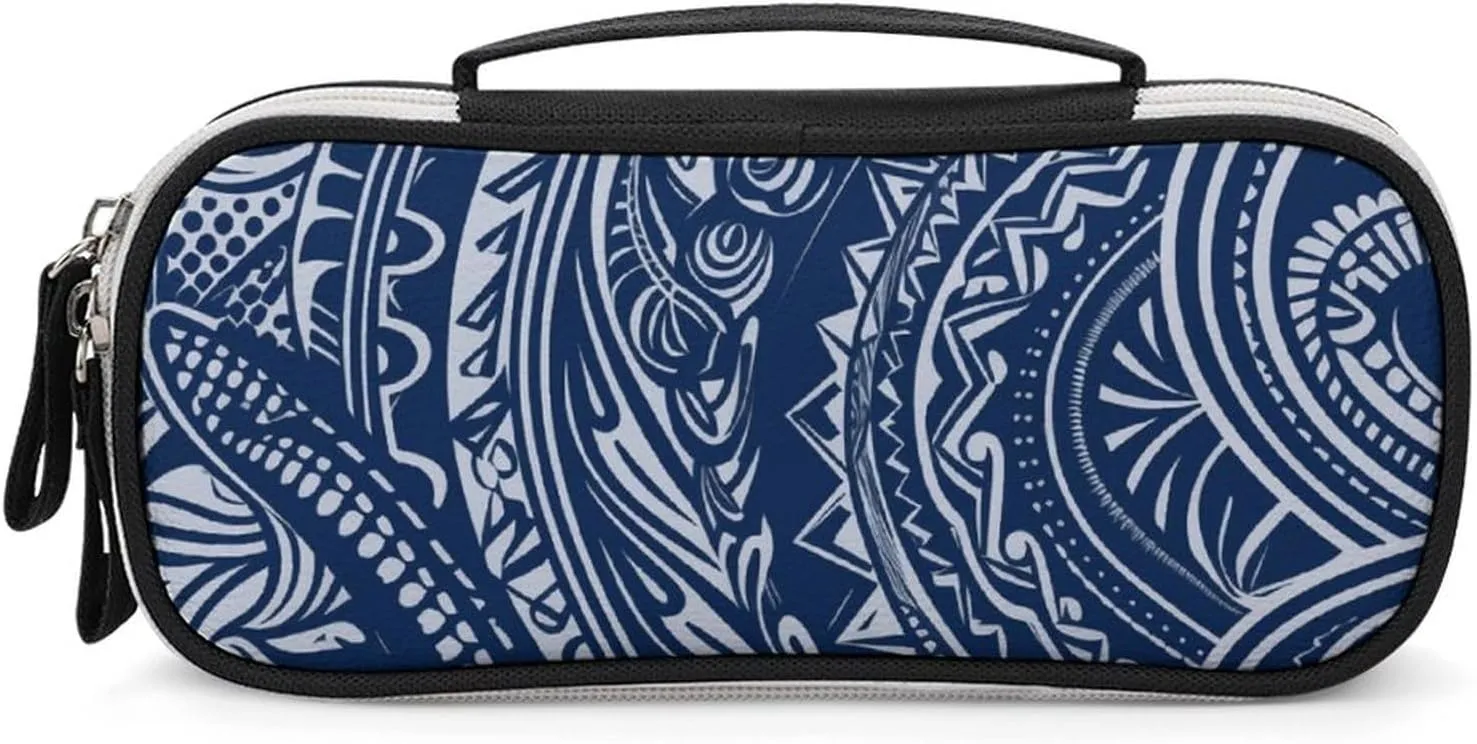 Makeup Bag for Women Blue Polynesian Maori Tribal Pattern Printed Travel Cosmetic Bag for Women Waterproof Leather Cosmetic Bag Large Capacity Pen Bag