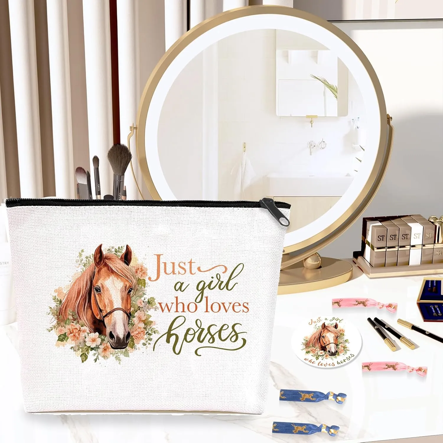 Makeup Bags Horses Cosmetic Bag for Women Girls Horse Lover Gifts Stuff Makeup Bag, Just A Girl Who Loves Horses Cosmetic Bag Small with Zipper