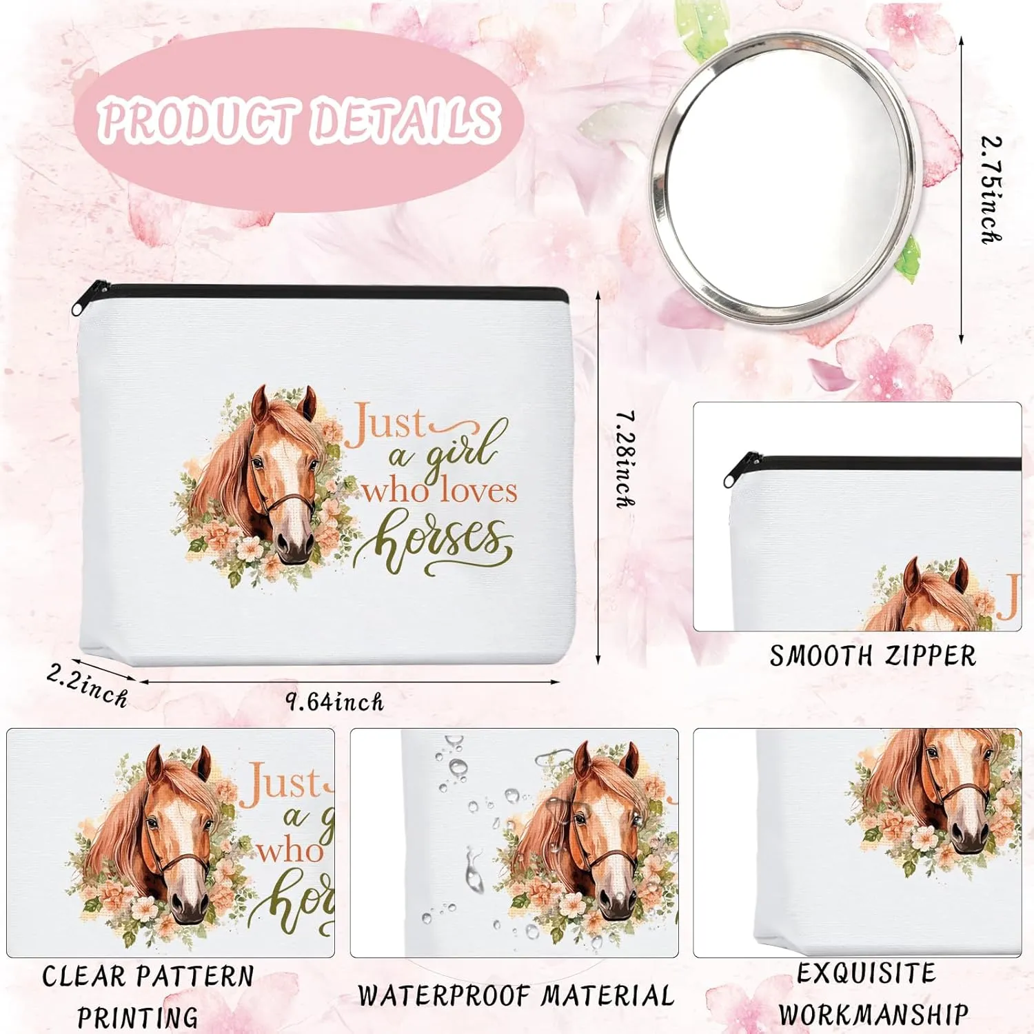 Makeup Bags Horses Cosmetic Bag for Women Girls Horse Lover Gifts Stuff Makeup Bag, Just A Girl Who Loves Horses Cosmetic Bag Small with Zipper