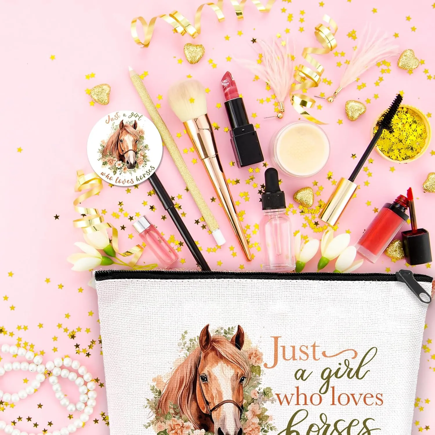 Makeup Bags Horses Cosmetic Bag for Women Girls Horse Lover Gifts Stuff Makeup Bag, Just A Girl Who Loves Horses Cosmetic Bag Small with Zipper