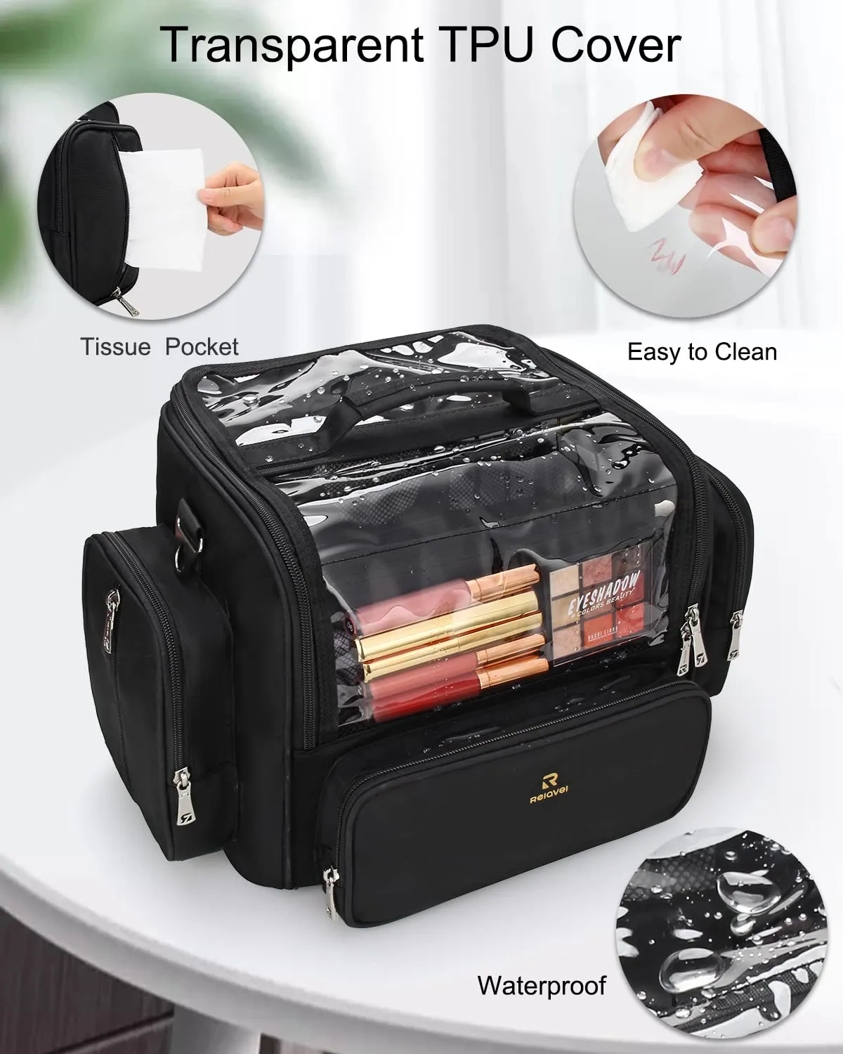 Makeup Brush Bag, Clear Makeup Brush Holder with Lid, Extra Large Capacity Travel Cosmetic Bag Makeup Artist Must Haves, Black Makeup Case, Make Up Organizers and Storage, with Adjustable Dividers