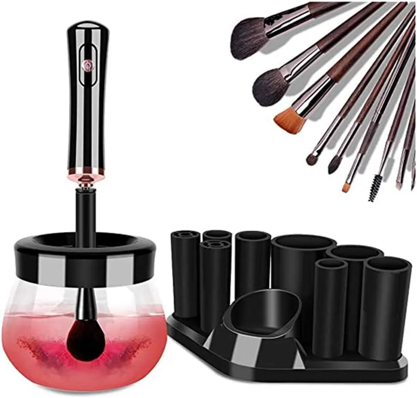 Makeup Brush Cleaner and Dryer Machine, Electric Cosmetic Automatic Brush Spinner with 8 Size Rubber Collars, Wash and Dry in Seconds, Deep Cosmetic Brush Spinner,Black